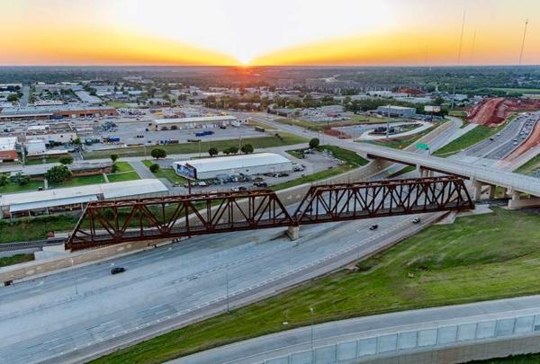 Aerial view of truss bridge.